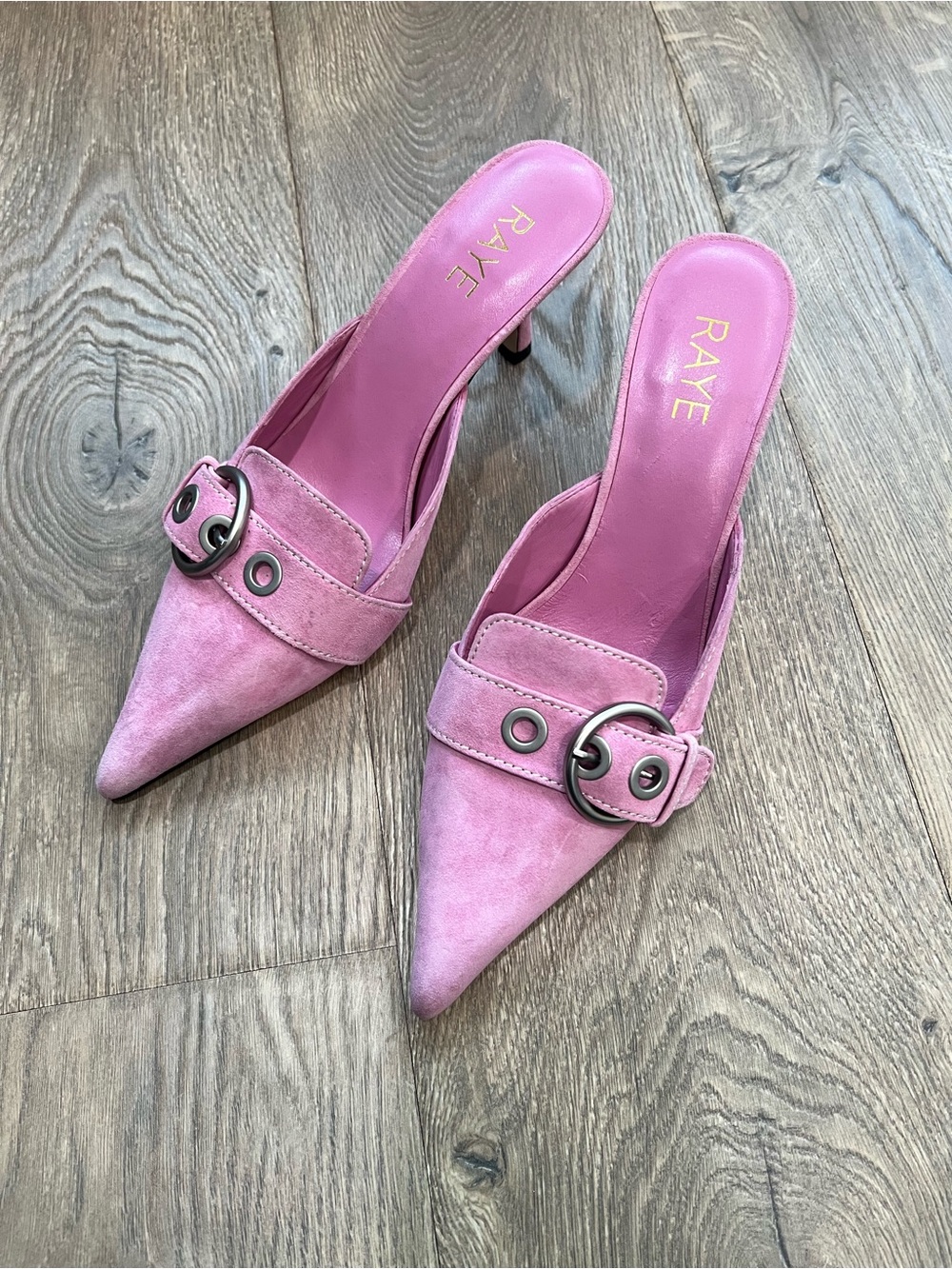 RAYE Pink Pointed-Toe Suede Mule with Buckle Detail